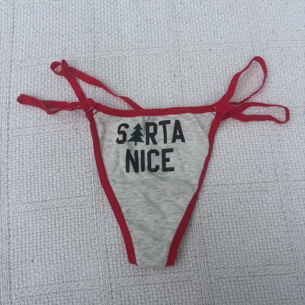 Women's M VS PINK Sorta Nice Gray Red Christmas Holiday G-String Thong Panty
